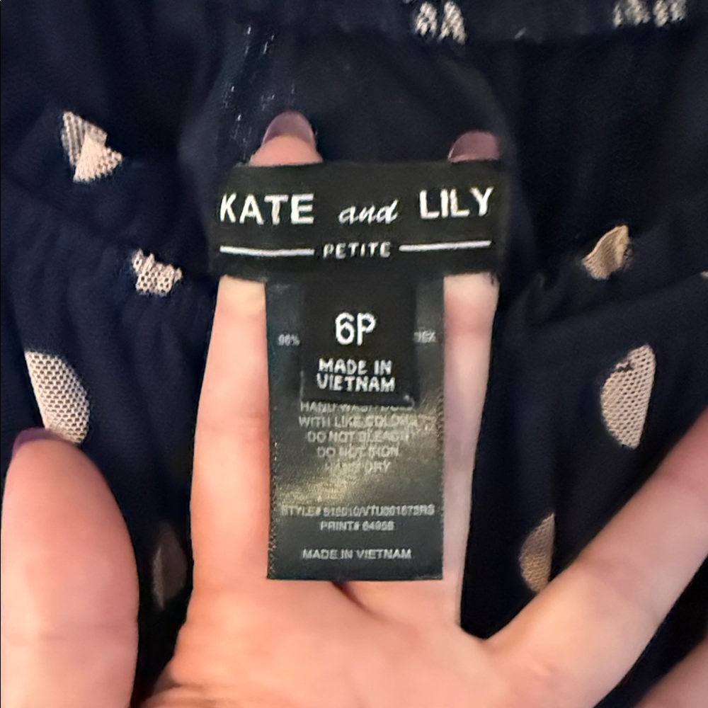 Kate And Lily Navy Polka Dot Midi Dress with Sheer Short Sleeves 6P - Picture 2 of 9